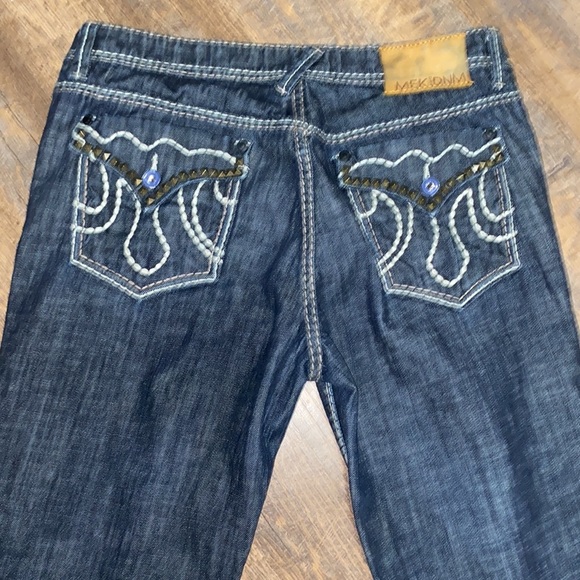 MEK USA WILSHIRE STRAIGHT LOW RISE FLARE LEG DARK WASH TOP STITCHING EMBELLISHED - Picture 7 of 16